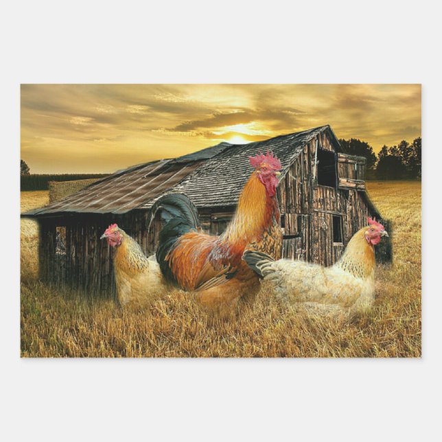 Vintage Rooster-Hühner Rustikaler Barcoop Geschenkpapier Set (Vorderseite)