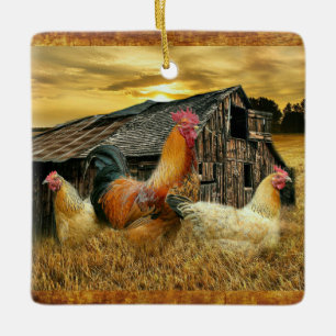 Vintage Rooster-Hühner Rustikaler Barcoop Keramikornament