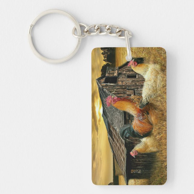 Vintage Rooster-Hühner Rustikaler Barcoop Schlüsselanhänger (Vorderseite)