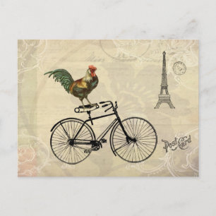 Vintage Rooster Riding a Bike by the Eiffel Tower Postkarte