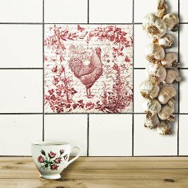 Vintage Rooster Rooster Roter Toile Blumenschrift Fliese