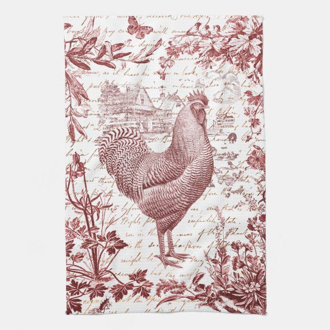 Vintage Rooster Rooster Roter Toile Blumenschrift Geschirrtuch (Vertikal)