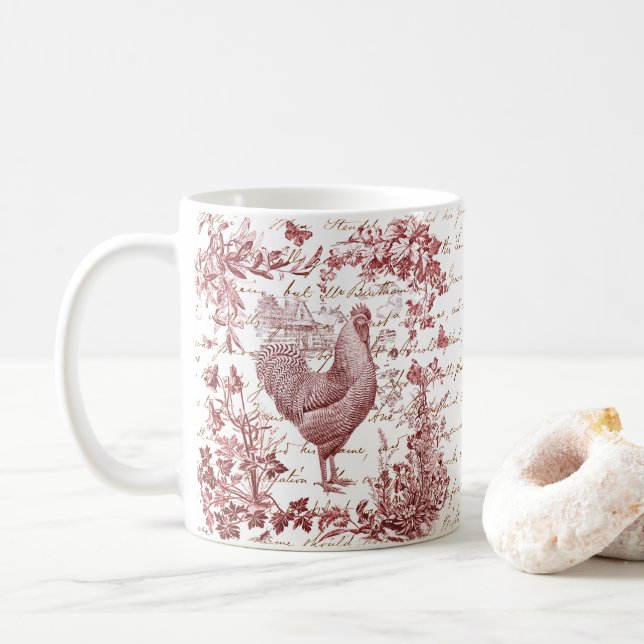 Vintage Rooster Rooster Roter Toile Blumenschrift Kaffeetasse (Mit Donut)