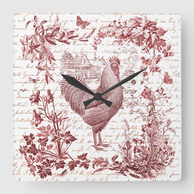 Vintage Rooster Rooster Roter Toile Blumenschrift Quadratische Wanduhr (Vorderseite)