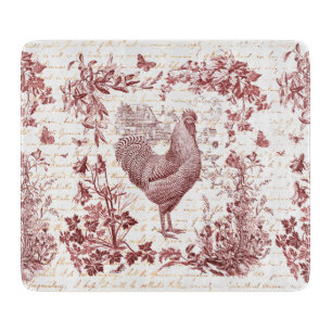 Vintage Rooster Rooster Roter Toile Blumenschrift Schneidebrett