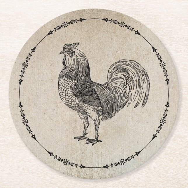 Vintage Rooster Runder Pappuntersetzer (Vorderseite)