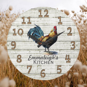 Vintage Rooster Rustic Wood Chicken Wire Monogram Große Wanduhr