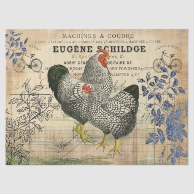 Vintage Rooster und Hen Ephemera Decoupage Seidenpapier (Vorderseite)