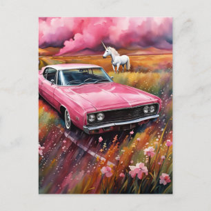 Vintage rosa Auto und ein Einhorn auf einer Wiese Postkarte