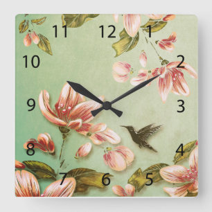 Vintage rosa Azaleen auf grünem Nebel Quadratische Wanduhr