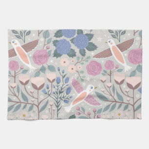 Vintage-Rosa-Blau-Hübsche-Vögel-Blumenmuster-Kunst Geschirrtuch