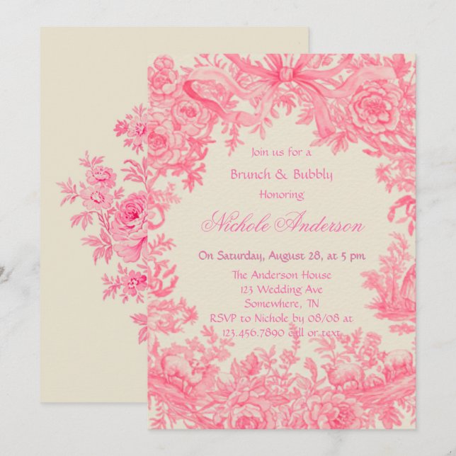 Vintage rosa Blume Brunch & Bubbly Einladung (Vorne/Hinten)