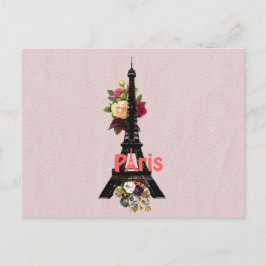 Vintage rosa Blume Der französische Eiffelturm Postkarte