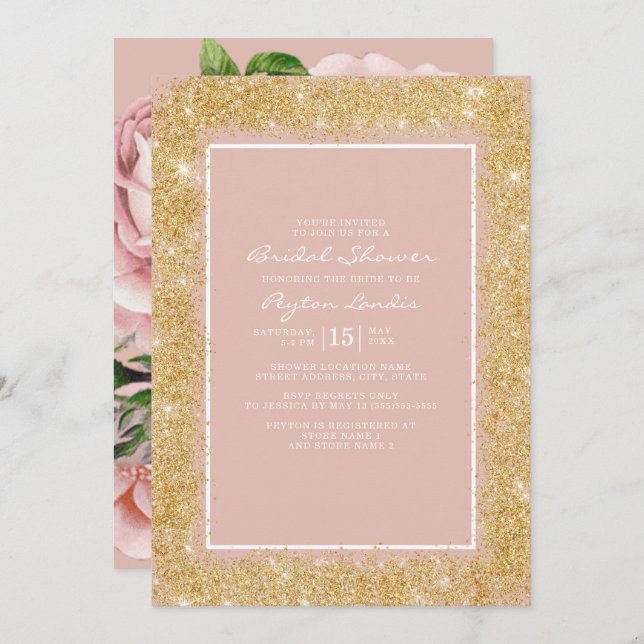 Vintage rosa Blume Gold Glitzer Brautparty Einladung (Vorne/Hinten)