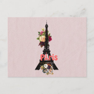 Vintage rosa Blumen französischer Paris Eiffelturm Postkarte