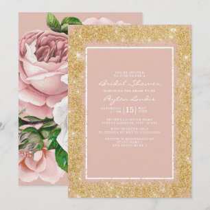 Vintage Rosa Blumen Gold Glitter Brautparty Einladung
