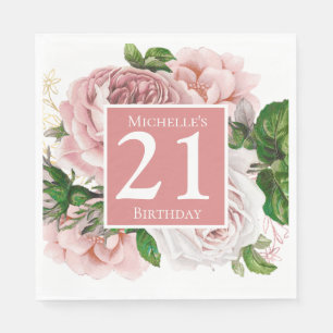 Vintage-Rosa-Blumen-Grün 21. Geburtstag Serviette