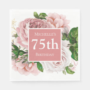 Vintage-Rosa-Blumen-Grün 75. Geburtstag Serviette