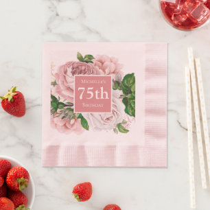 Vintage-Rosa-Blumen-Grün 75. Geburtstag Serviette