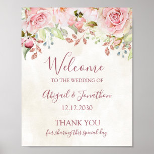 Vintage rosa Blumen Hochzeit Willkommen Poster