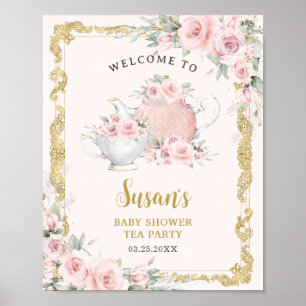 Vintage Rosa Blumen Hochzeits-Tea Baby Baby-Party Poster