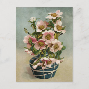 Vintage rosa Blumen in blauer Vase Postkarte
