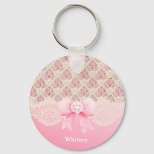 Vintage-Rosa-Blumenband und Spitzen-Monogramm Schlüsselanhänger