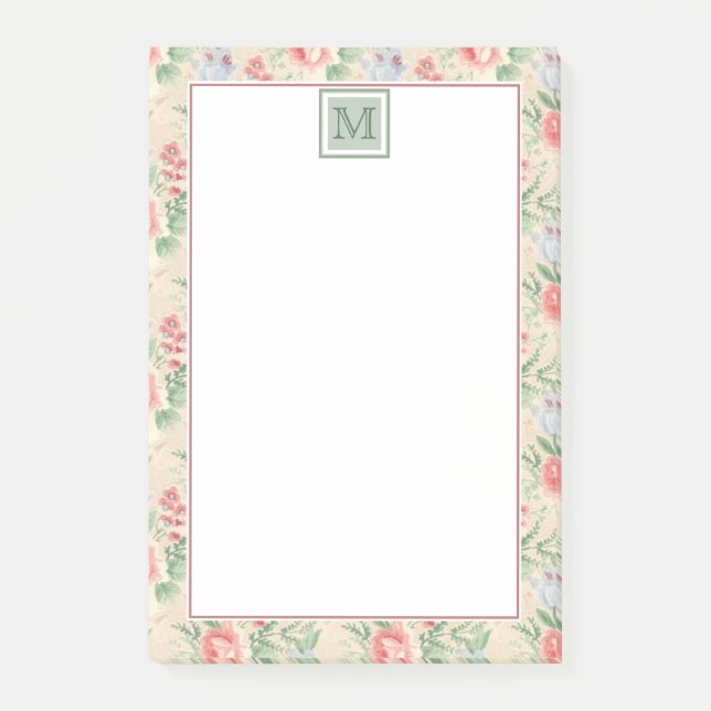 Vintage-Rosa-Blumenmuster-Monogramm Post-it Klebezettel (Vorderseite)