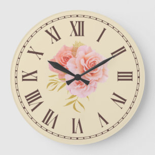 Vintage-Rosa-Blüten-Goldzweig-Blumenmuster  Große Wanduhr