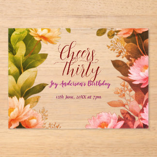 vintage rosa Blüten grüner Eukalyptus 30. Geburtst Acryleinladungen