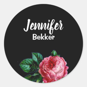 Vintage rosa Blütenname auf Schwarz Runder Aufkleber