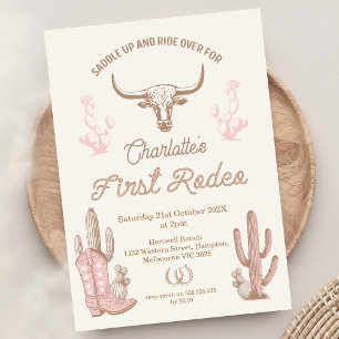 Vintage Rosa Braun Mädchen First Rodeo 1. Geburtst Einladung