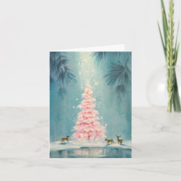 Vintage-Rosa-Christbaum-Hirsch-Blauer Hintergrund Feiertagskarte