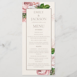 Vintage-Rosa-Creme-Blumen-Hochzeitsmenü Menükarte