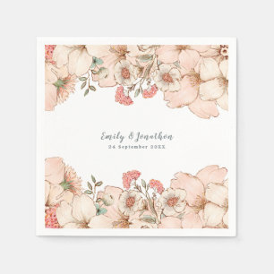 Vintage-Rosa-Creme-Blumen-Name-Datum-Hochzeit Serviette