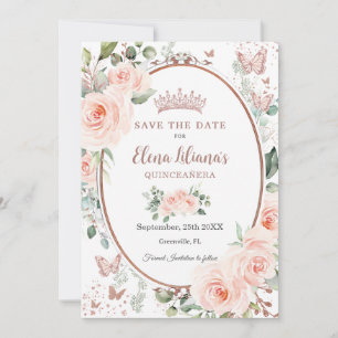 Vintage Rosa Floral Rosen Gold Quinceañera Save The Date