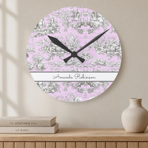 Vintage-Rosa-Französische-Toile-See-Szene-Monogram Runde Wanduhr