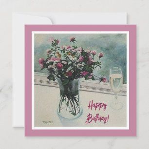 Vintage-rosa Geburtstagsblumen-Fine-Art-Gemälde Feiertagskarte