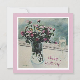 Vintage-rosa Geburtstagsblumen-Fine-Art-Gemälde Feiertagskarte