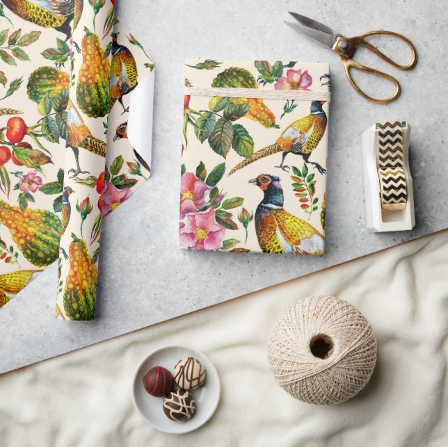 Vintage, rosa, gelbe Vögel Rose Blume Geschenkpapier (Kunsthandwerk)