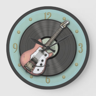 Vintage rosa Gitarre und Vinyl Record Wall Clock Große Wanduhr