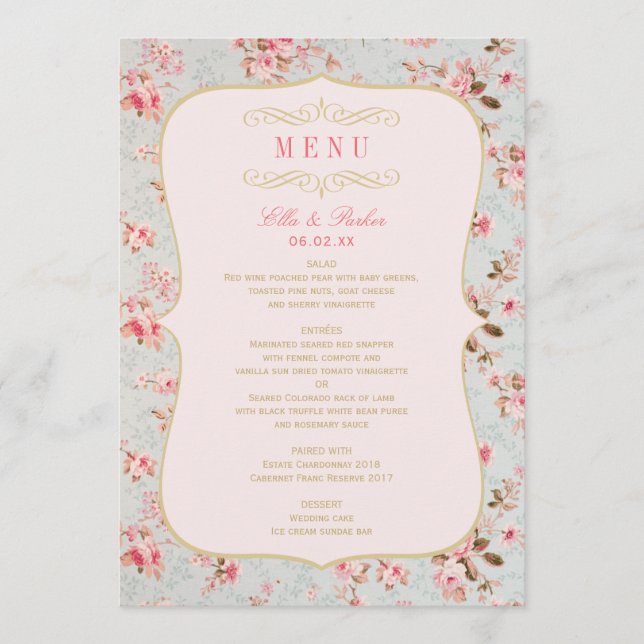 Vintage Rosa Gold Blumengarten Hochzeit Party Menükarte (Vorderseite)