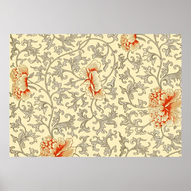 Vintage rosa graue Kunstwerke Botanische Flora Poster (Vorne)