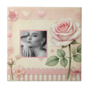 Vintage rosa Herz Blumen Foto Wasserfarbe Fliese