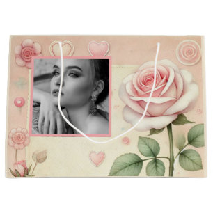 Vintage rosa Herz Blumen Foto Wasserfarbe Große Geschenktüte