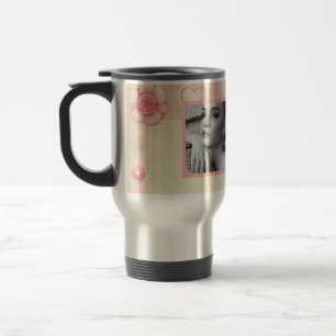 Vintage rosa Herz Blumen Foto Wasserfarbe Reisebecher