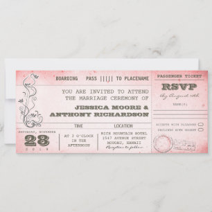 vintage rosa Hochzeits-Boarding-Pass-Einladungen Einladung