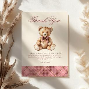 Vintage rosa karierter Teddybär Baby Shower Dankeskarte