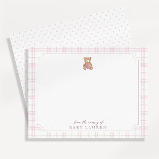 Vintage rosa kariertes Teddybär-Kinderzimmer-Notiz Einladung
