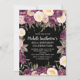 Vintage Rosa Lila Floral Schwarz 80. Geburtstag Einladung